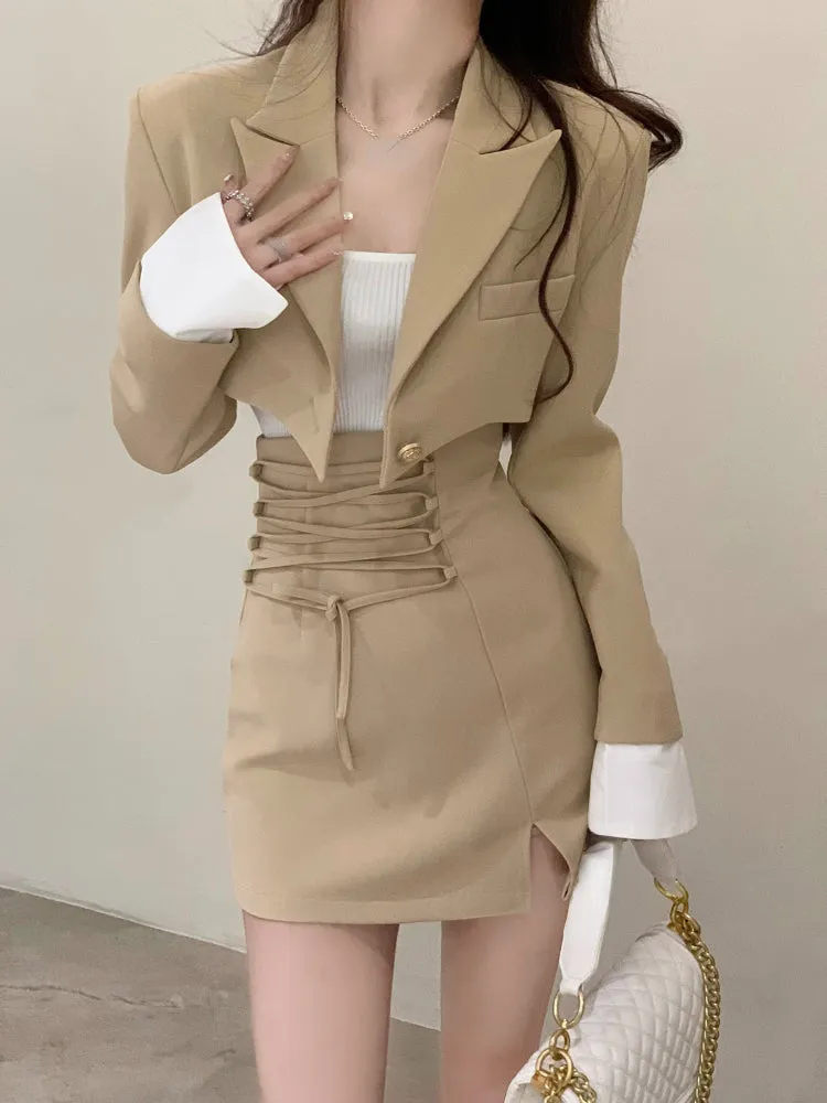 2-Piece Set Clothes Casual Crop Top Blazer   Lace Mini Skirts