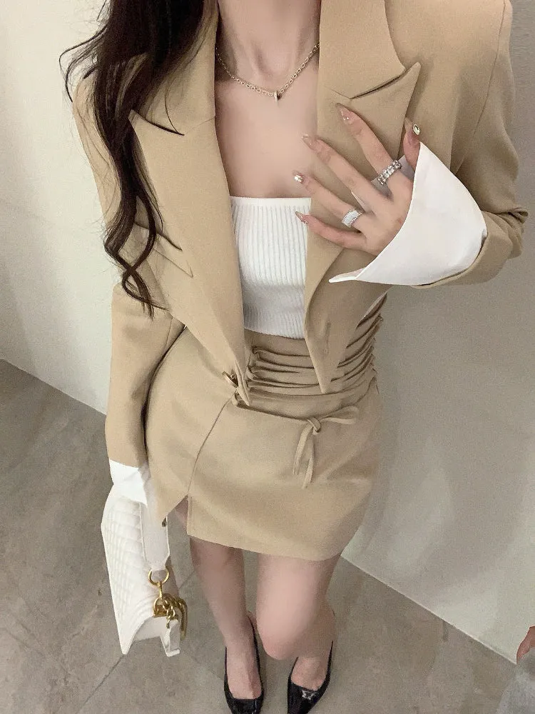 2-Piece Set Clothes Casual Crop Top Blazer   Lace Mini Skirts