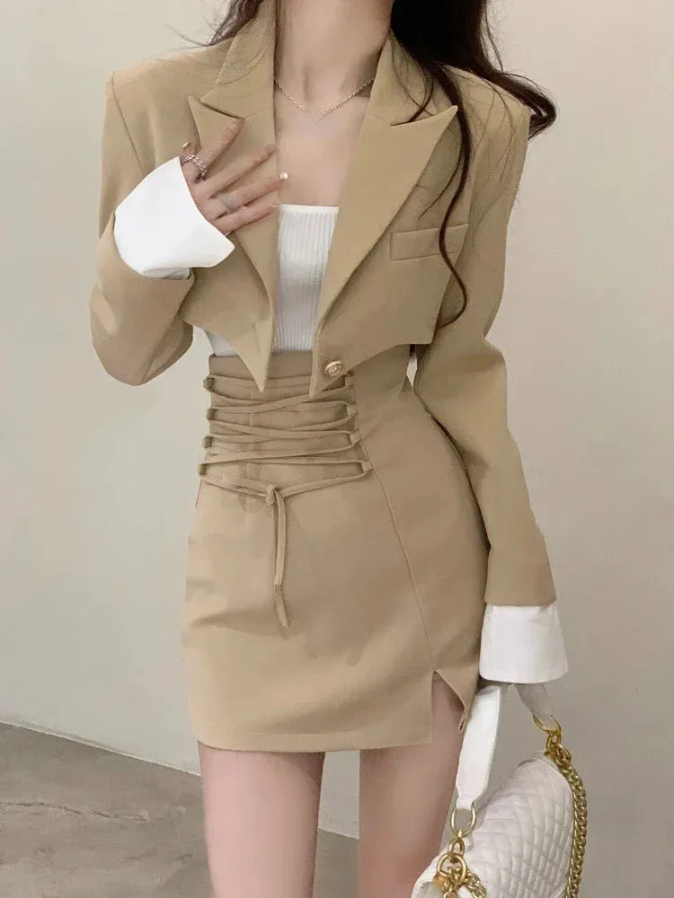 2-Piece Set Clothes Casual Crop Top Blazer   Lace Mini Skirts