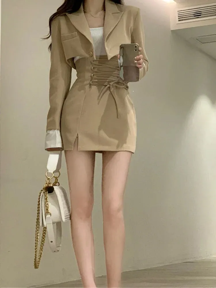 2-Piece Set Clothes Casual Crop Top Blazer   Lace Mini Skirts