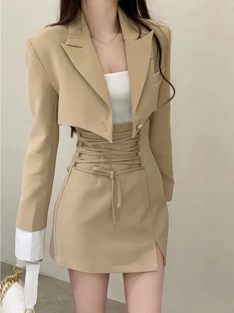 2-Piece Set Clothes Casual Crop Top Blazer   Lace Mini Skirts