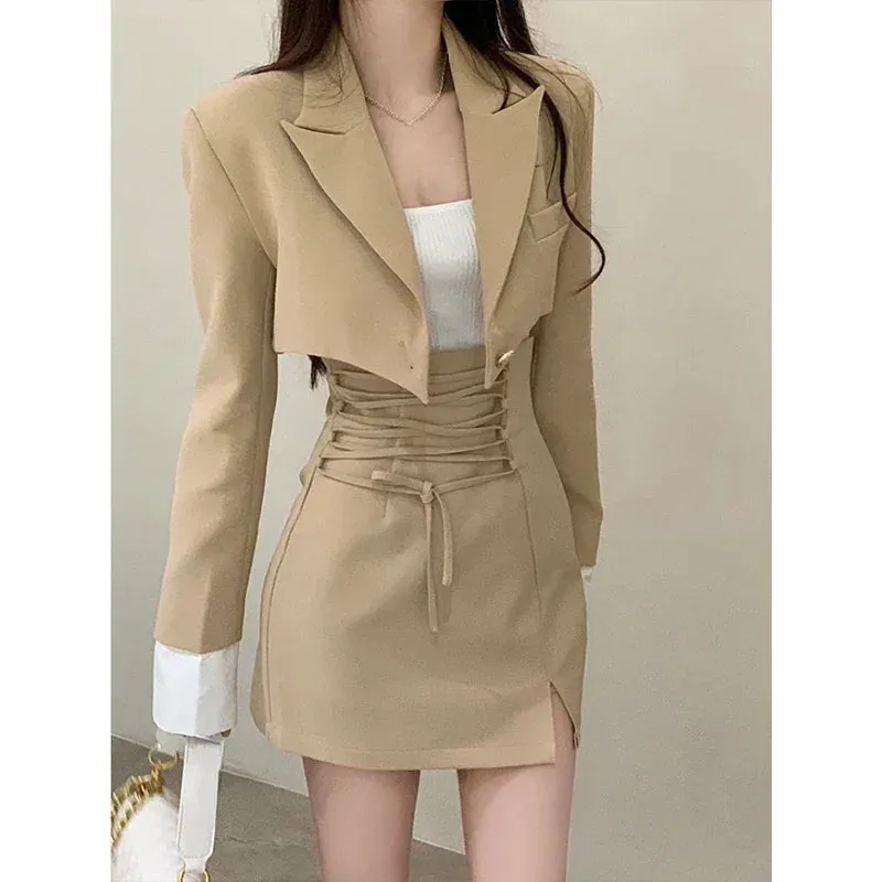 2-Piece Set Clothes Casual Crop Top Blazer   Lace Mini Skirts