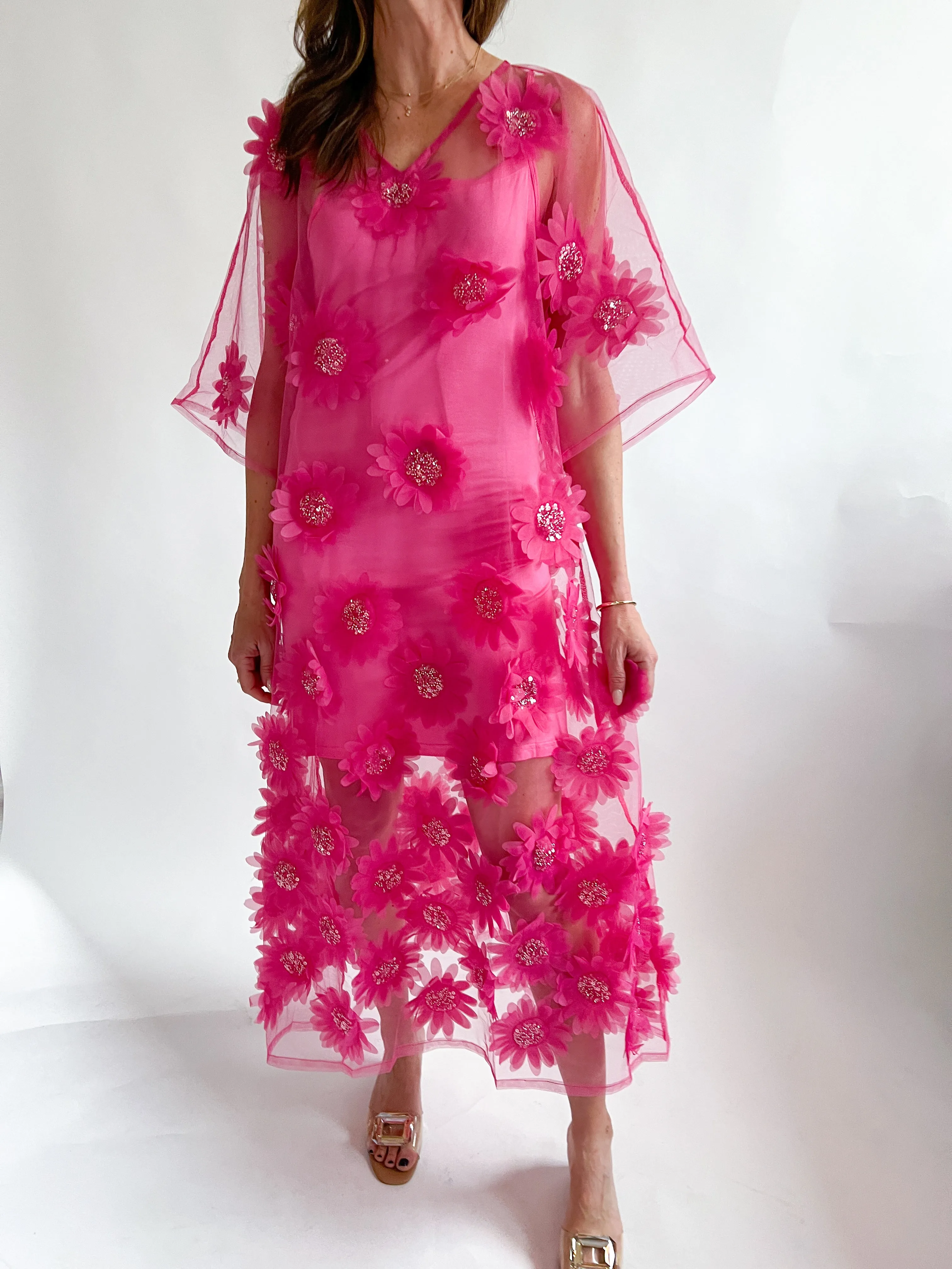 3D Floral Overlay Midi Dress