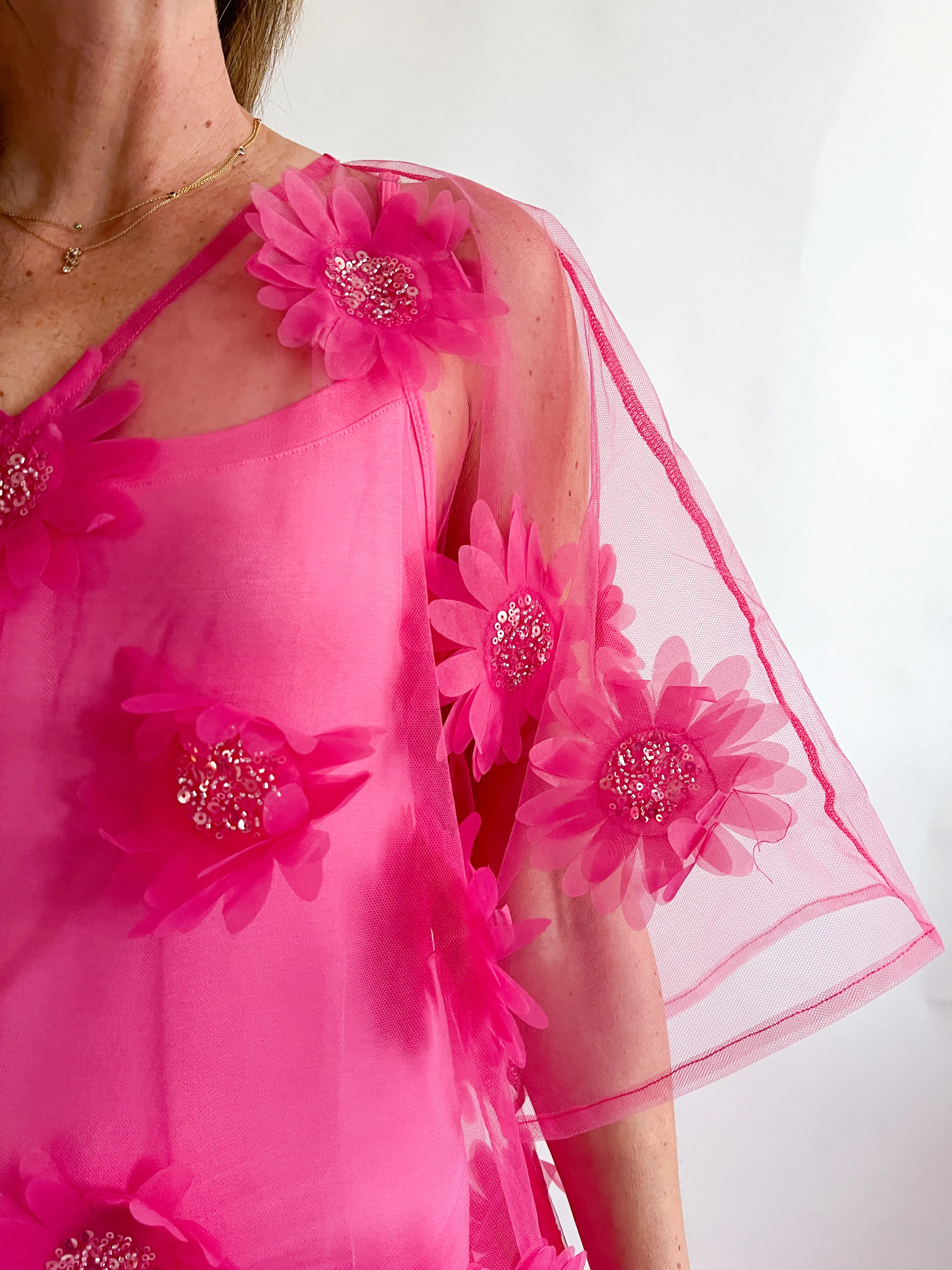 3D Floral Overlay Midi Dress