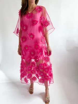 3D Floral Overlay Midi Dress