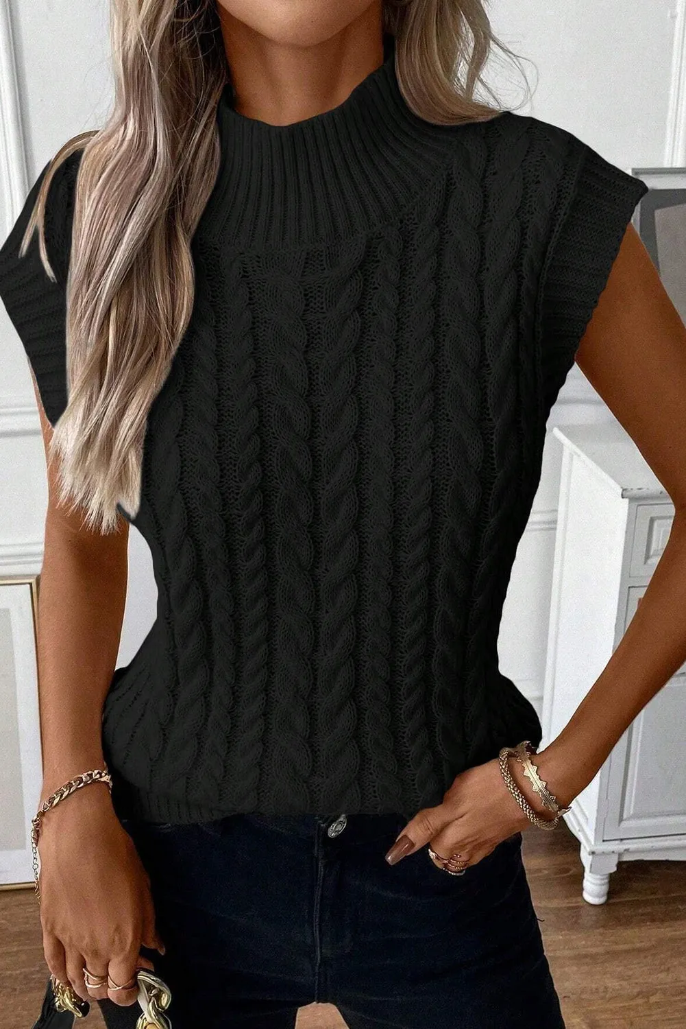 Ainsley Cable-Knit Mock Neck Sweater Vest