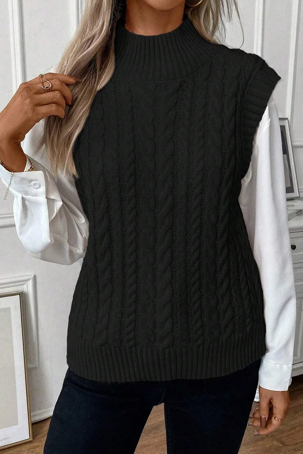 Ainsley Cable-Knit Mock Neck Sweater Vest