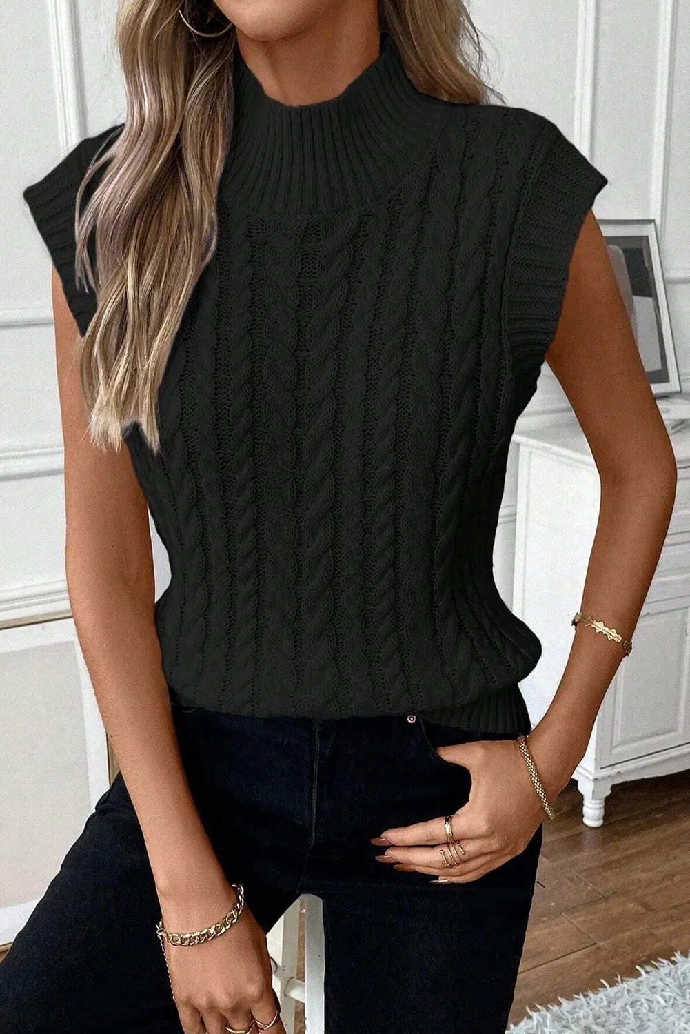 Ainsley Cable-Knit Mock Neck Sweater Vest