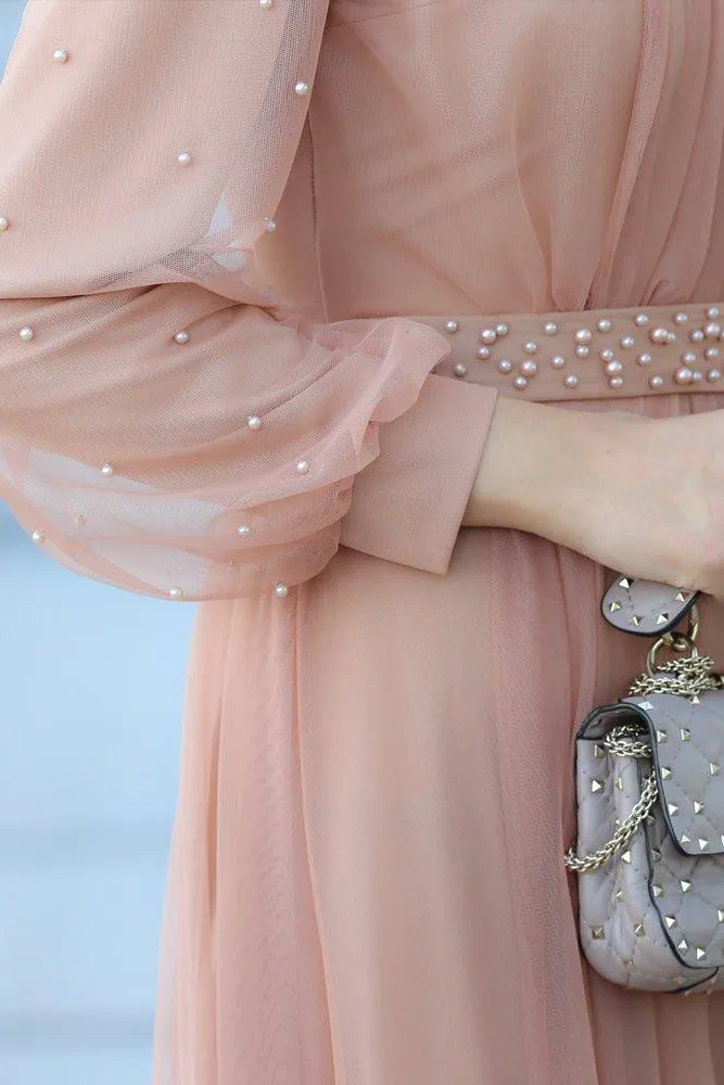 Amerie maxi tulle dress with long sleeve in beige