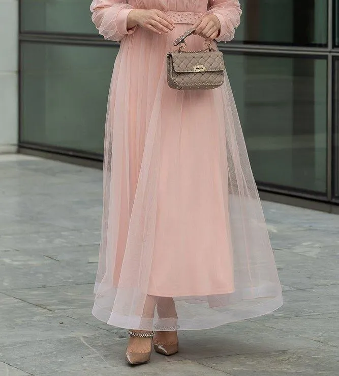 Amerie maxi tulle dress with long sleeve in beige