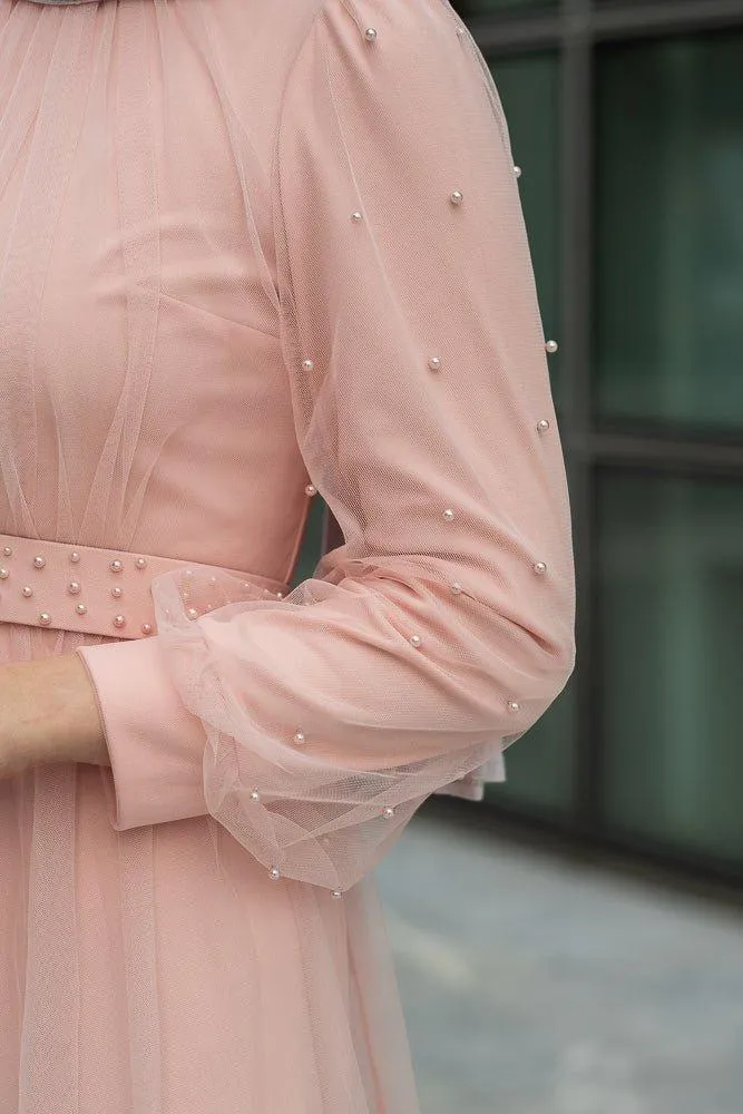 Amerie maxi tulle dress with long sleeve in beige
