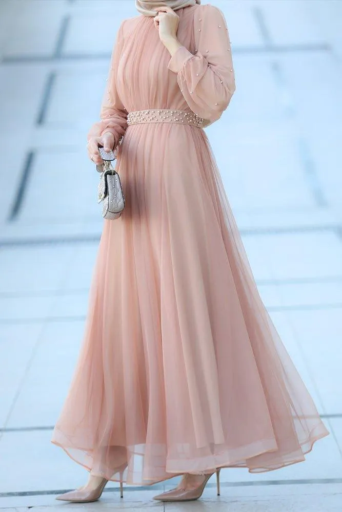 Amerie maxi tulle dress with long sleeve in beige