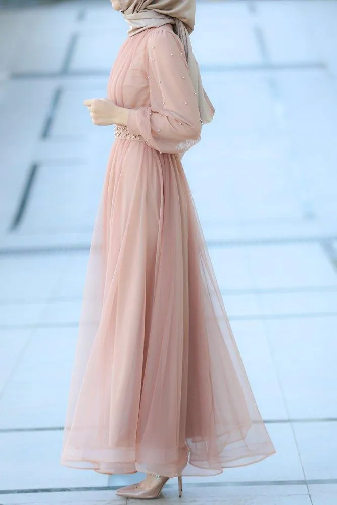 Amerie maxi tulle dress with long sleeve in beige