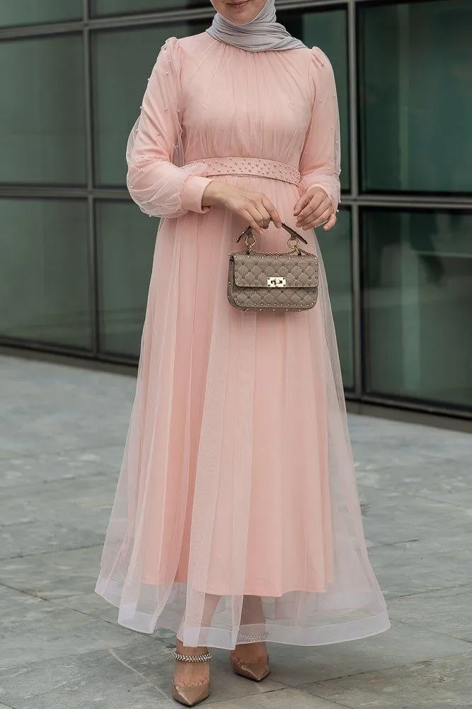 Amerie maxi tulle dress with long sleeve in beige