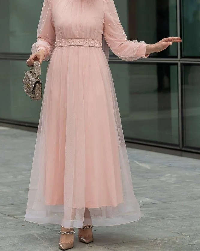 Amerie maxi tulle dress with long sleeve in beige