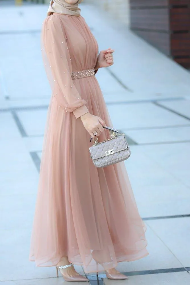 Amerie maxi tulle dress with long sleeve in beige
