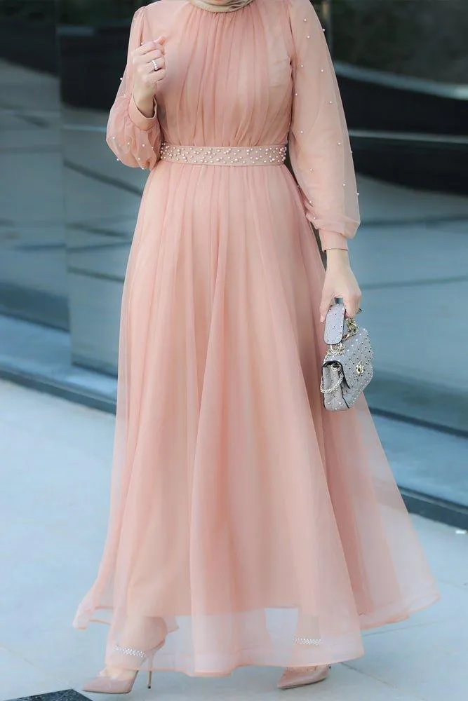 Amerie maxi tulle dress with long sleeve in beige