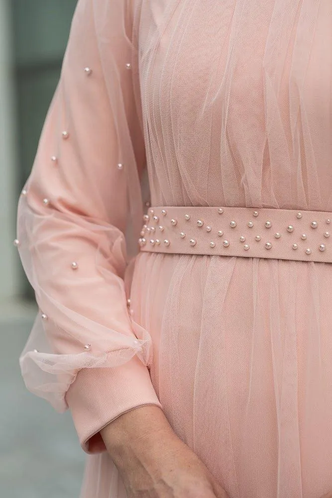 Amerie maxi tulle dress with long sleeve in beige
