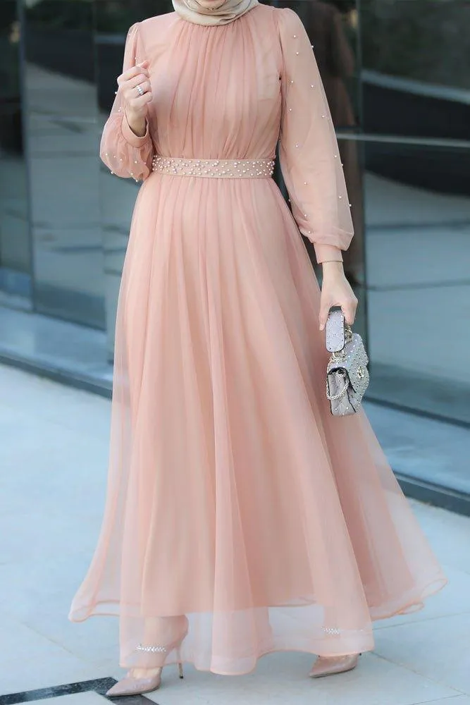 Amerie maxi tulle dress with long sleeve in beige