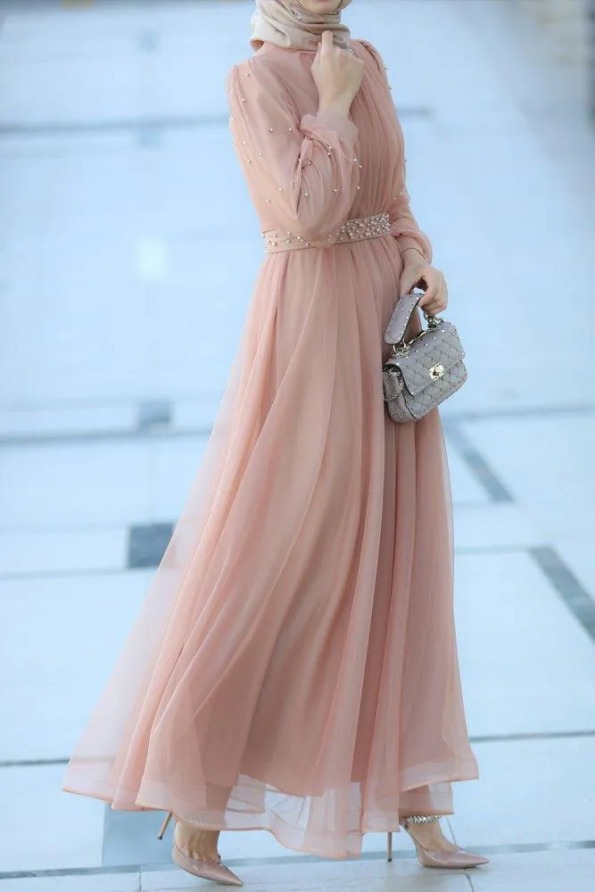 Amerie maxi tulle dress with long sleeve in beige