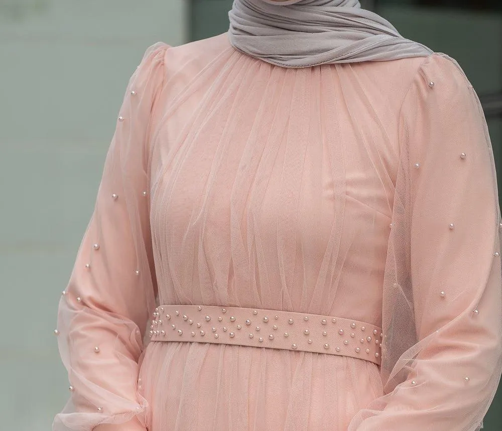 Amerie maxi tulle dress with long sleeve in beige
