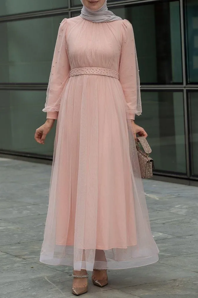 Amerie maxi tulle dress with long sleeve in beige