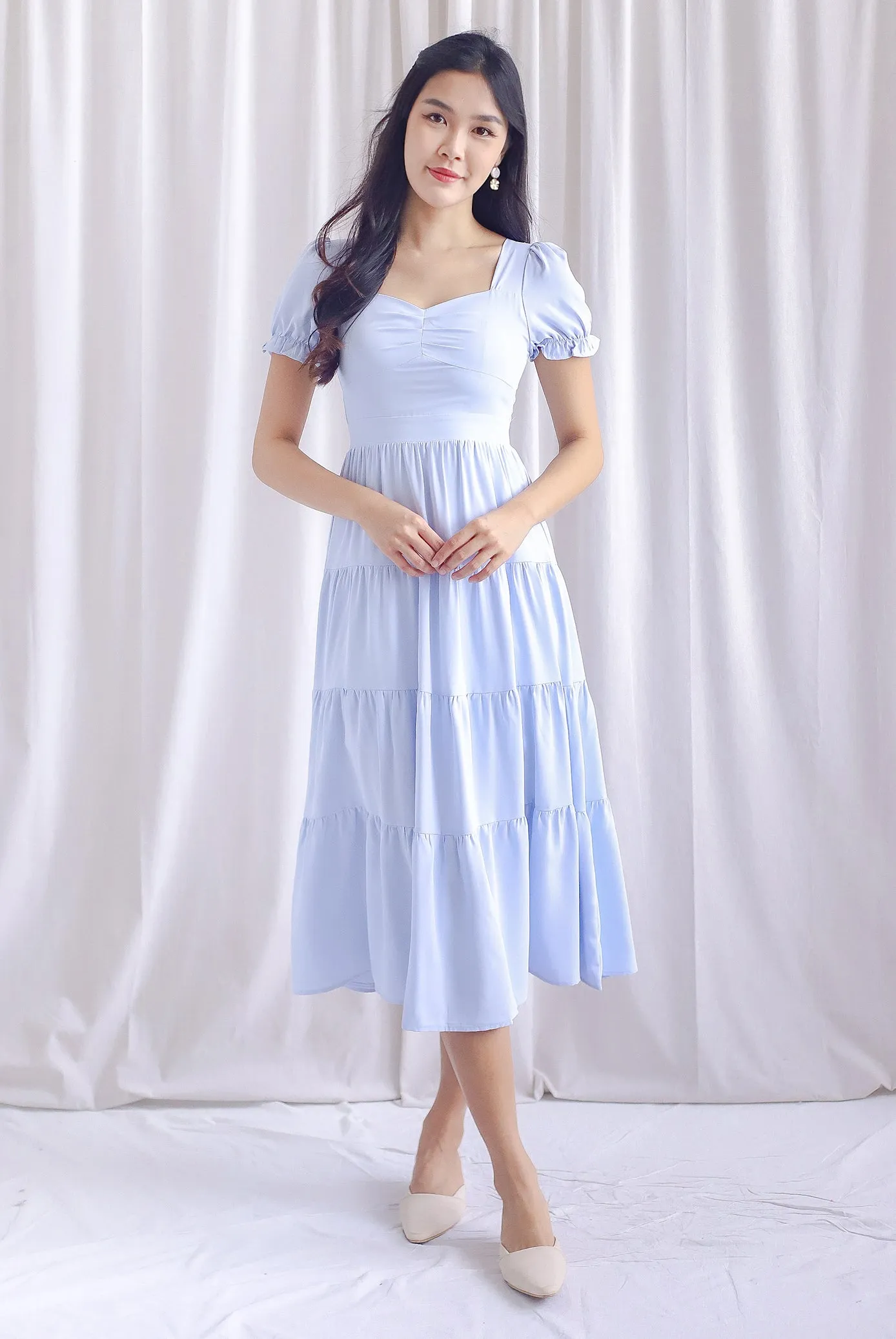 Angelina Puffy Sleeved Tiered Maxi Dress In Blue