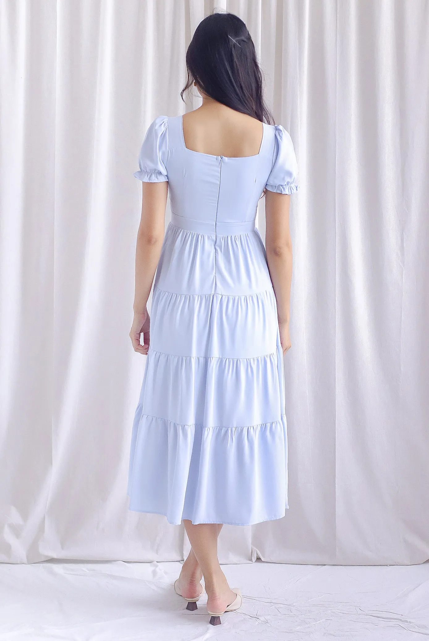 Angelina Puffy Sleeved Tiered Maxi Dress In Blue
