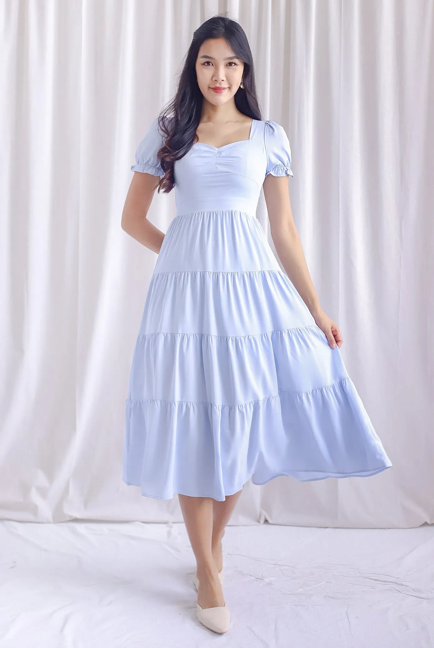 Angelina Puffy Sleeved Tiered Maxi Dress In Blue