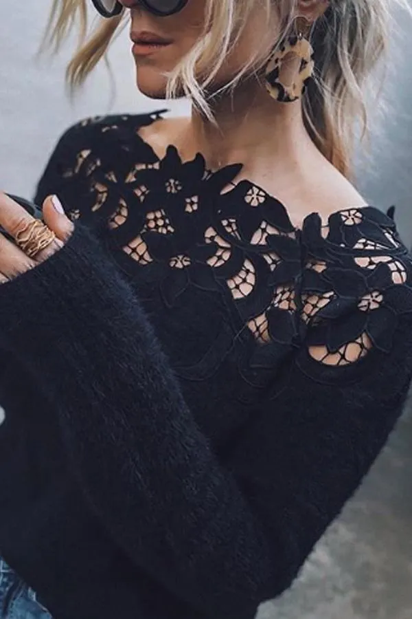 Asymmetric Neck  Decorative Lace  Plain Sweaters