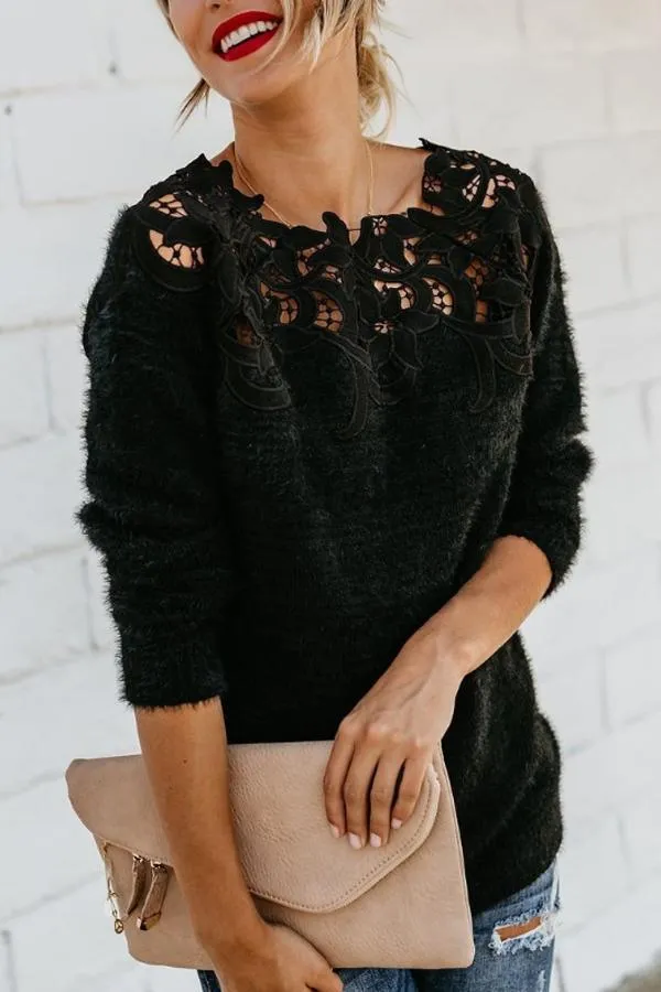 Asymmetric Neck  Decorative Lace  Plain Sweaters