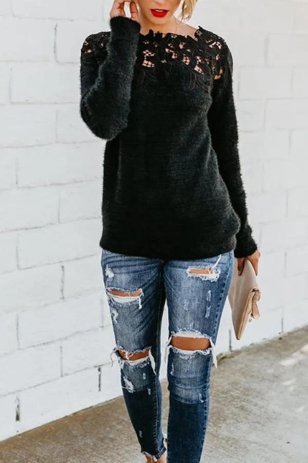 Asymmetric Neck  Decorative Lace  Plain Sweaters