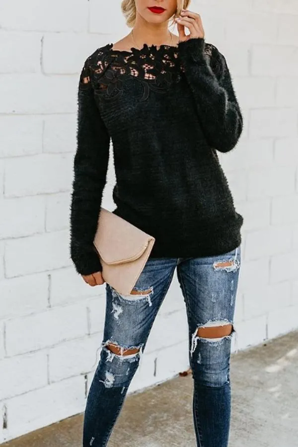 Asymmetric Neck  Decorative Lace  Plain Sweaters