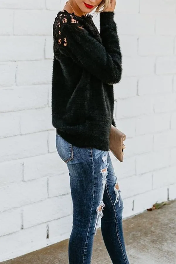 Asymmetric Neck  Decorative Lace  Plain Sweaters