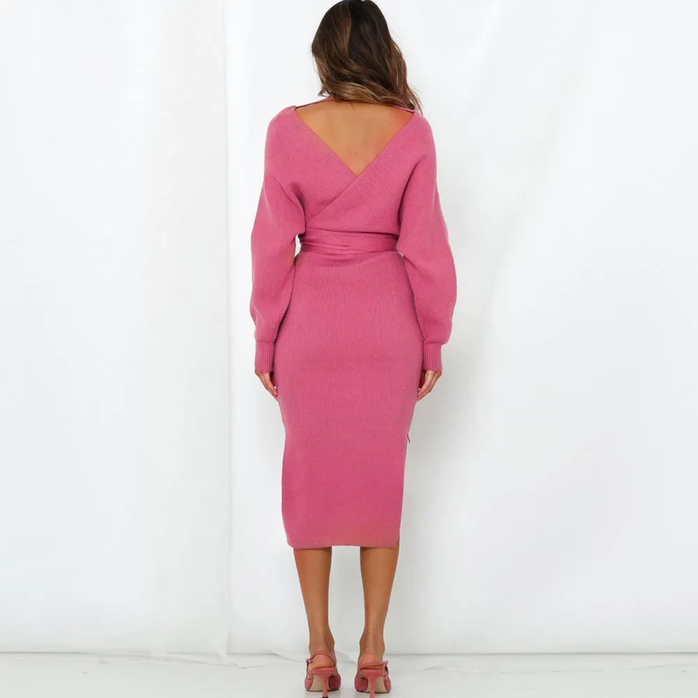 Autumn and Winter Women's Solid Color Bat Sleeve Knit Sweater Dress