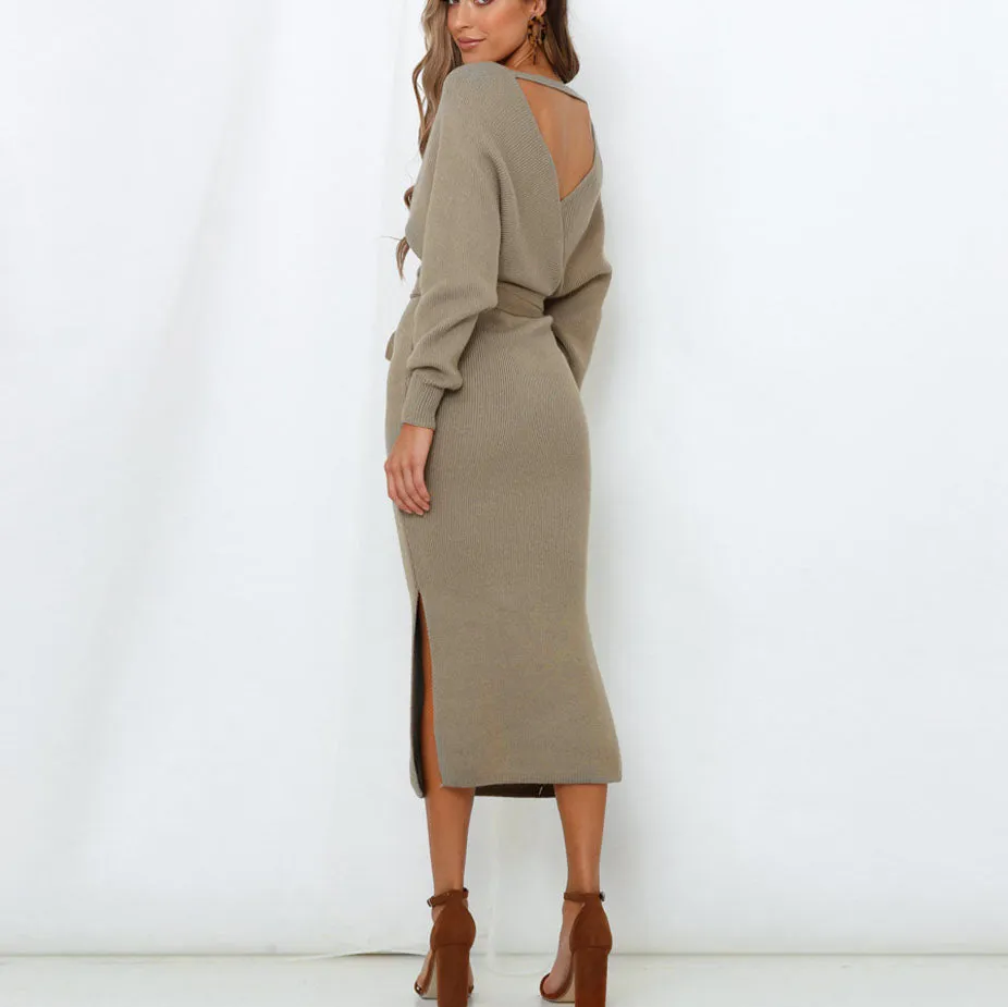 Autumn and Winter Women's Solid Color Bat Sleeve Knit Sweater Dress
