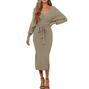 Autumn and Winter Women's Solid Color Bat Sleeve Knit Sweater Dress