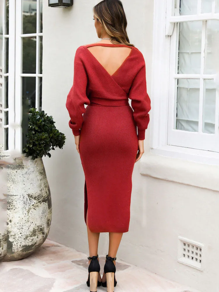 Autumn and Winter Women's Solid Color Bat Sleeve Knit Sweater Dress