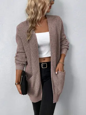 Autumn/Winter Women's Sweater V-Neck Solid Color Loose Fit Pockets Long Cardigan Knitted Coat Traf Casual Sweaters Women