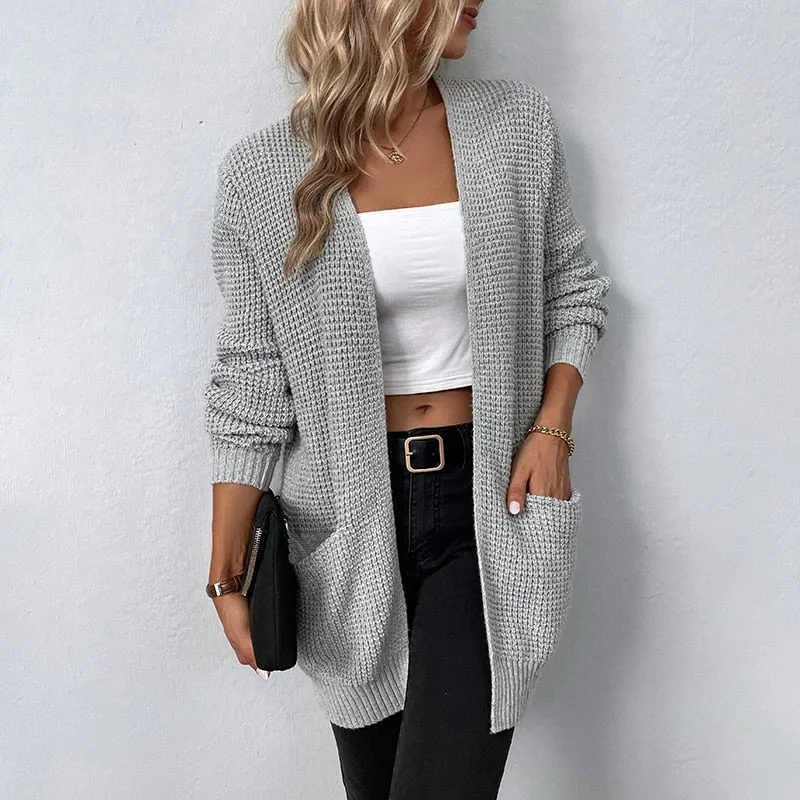 Autumn/Winter Women's Sweater V-Neck Solid Color Loose Fit Pockets Long Cardigan Knitted Coat Traf Casual Sweaters Women