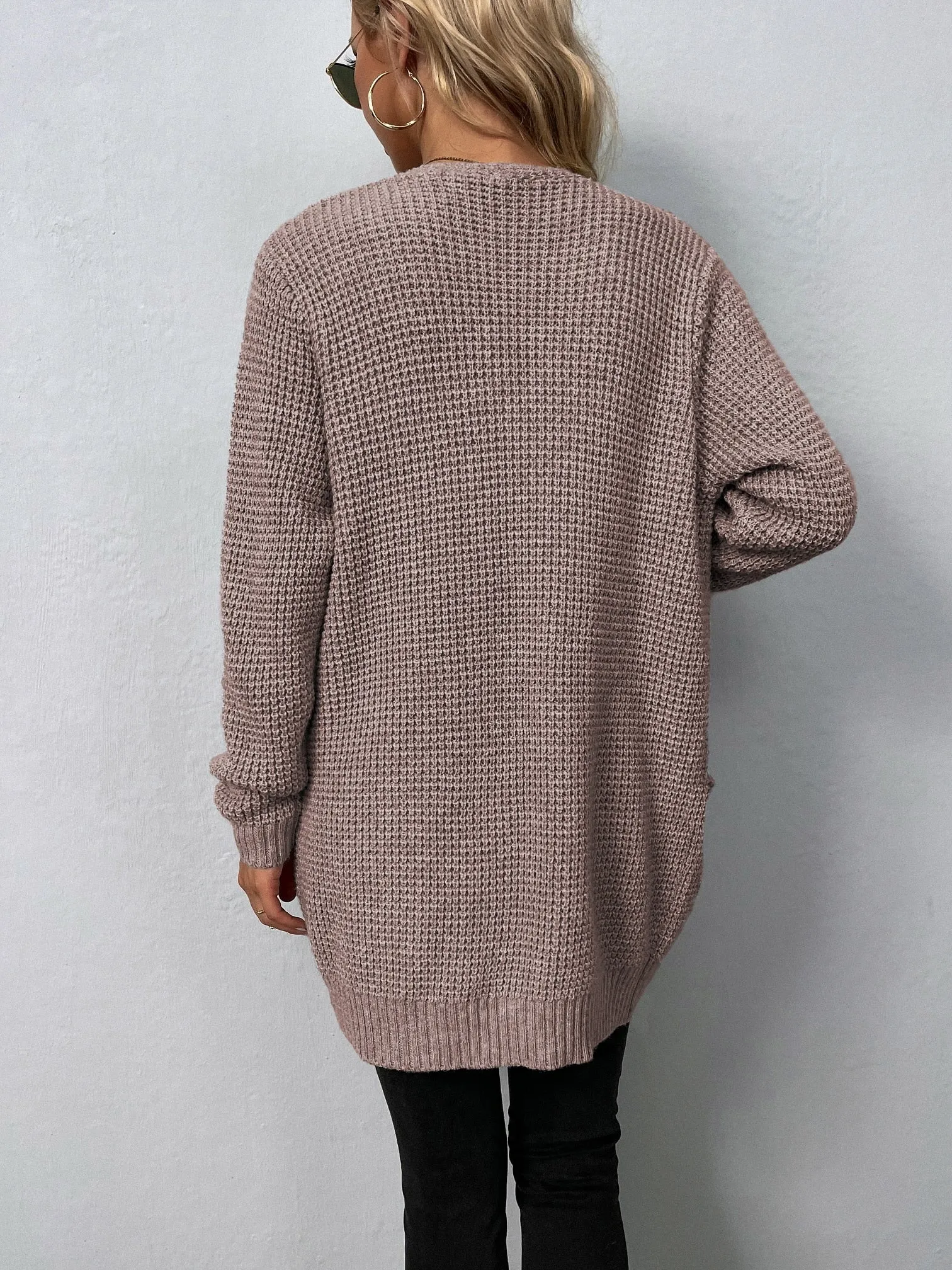 Autumn/Winter Women's Sweater V-Neck Solid Color Loose Fit Pockets Long Cardigan Knitted Coat Traf Casual Sweaters Women