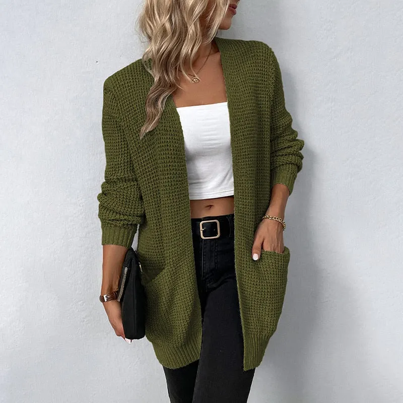 Autumn/Winter Women's Sweater V-Neck Solid Color Loose Fit Pockets Long Cardigan Knitted Coat Traf Casual Sweaters Women