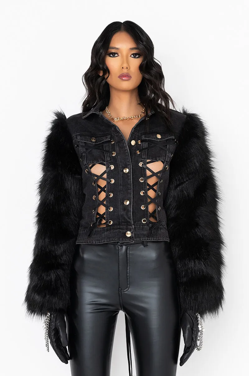 AZALEA WANG CRUSH ON YOU LACE UP DENIM JACKET