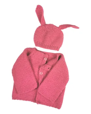 BABY GIRL SIZE 0/3 MONTHS - Beautiful Handmade Knit Sweater Jacket & Matching Bunny Ear Hat NWOT B16