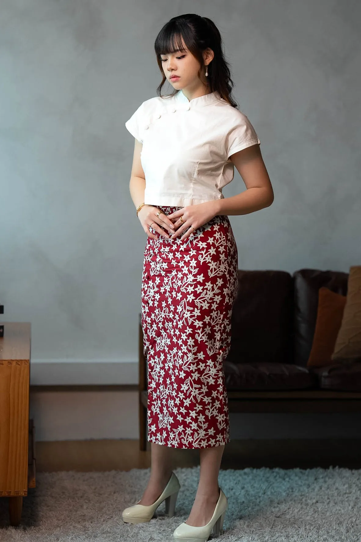Batik Pencil Skirt In Jasmin Burgundy