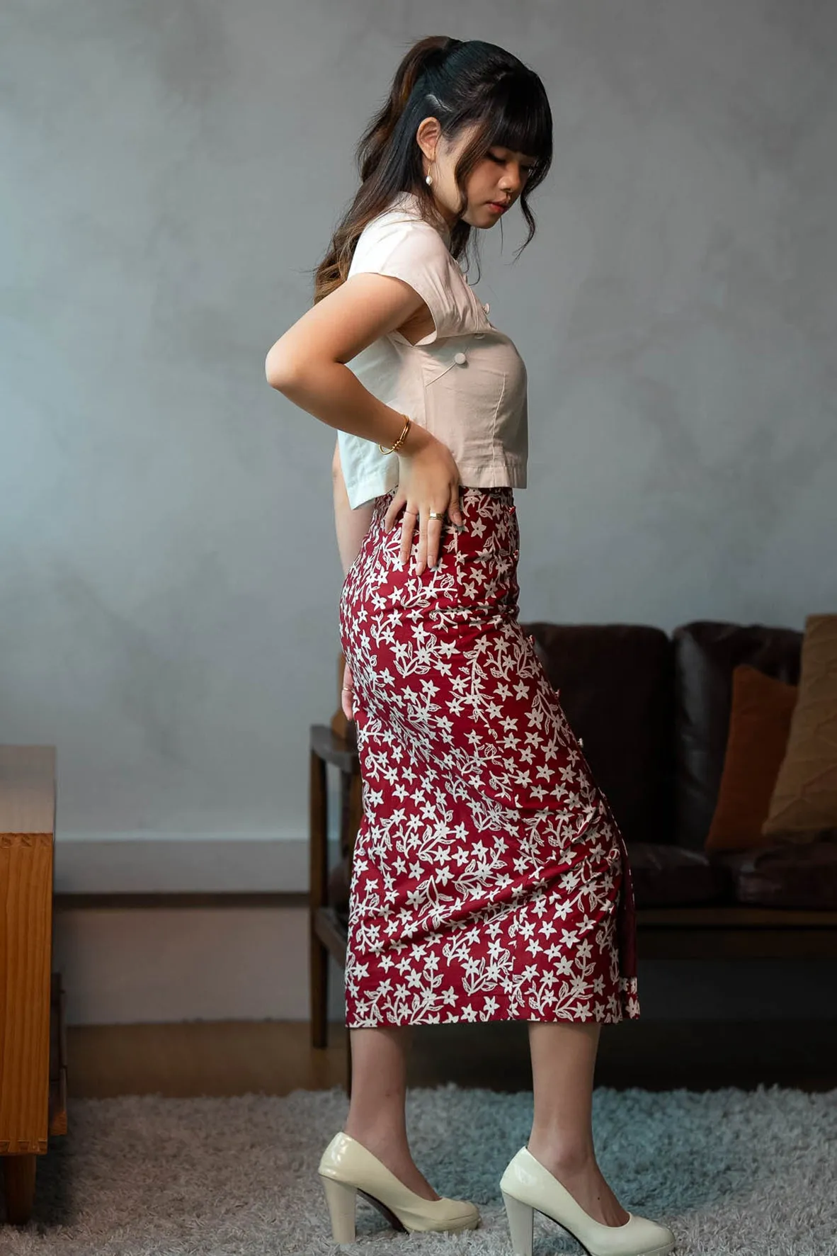 Batik Pencil Skirt In Jasmin Burgundy