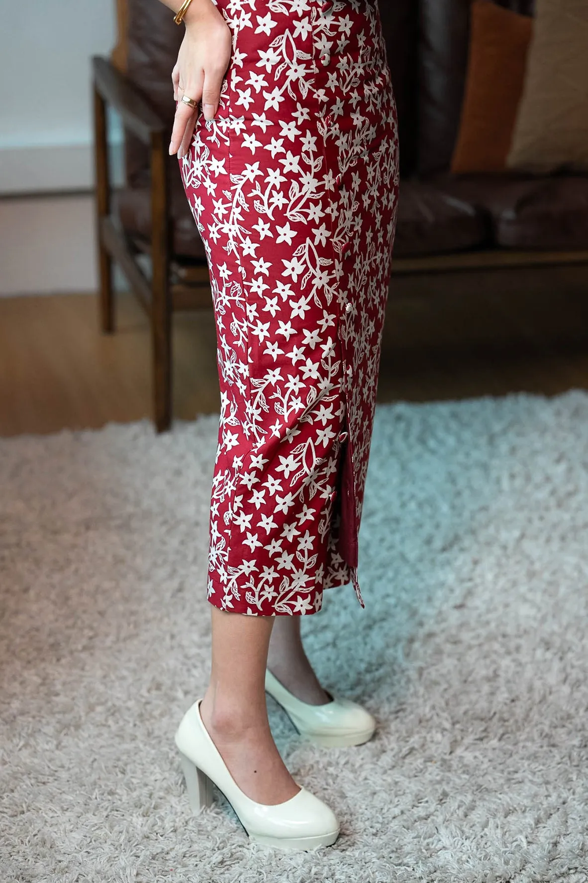 Batik Pencil Skirt In Jasmin Burgundy