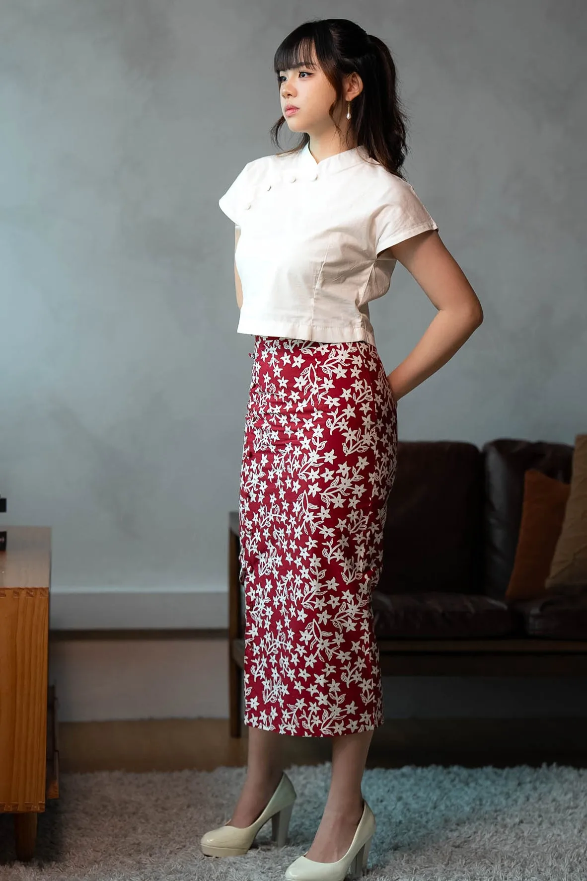 Batik Pencil Skirt In Jasmin Burgundy