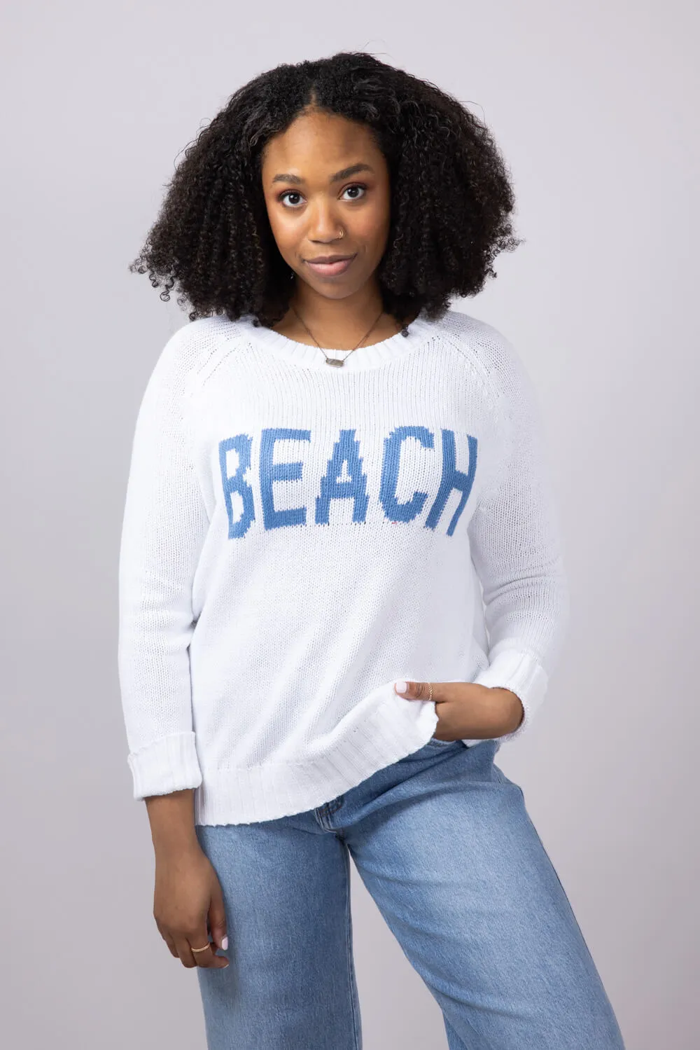 Beach Crewneck Sweater for Women in White/Blue | V2406-WHITEBLUE