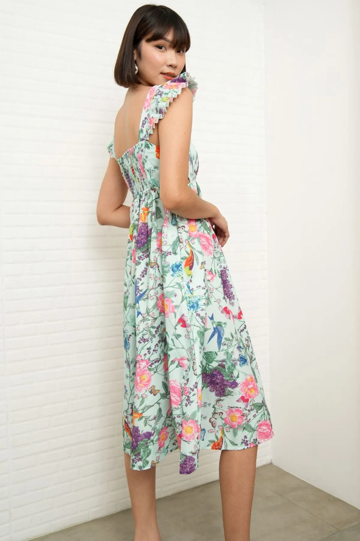BEATRICE Flutter-Sleeve Midi Dress (Garden)